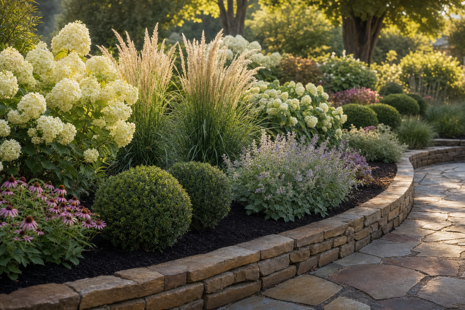 Layered garden with hydrangeas and ornamental grasses along a curved stone wall at a Blowing Rock home