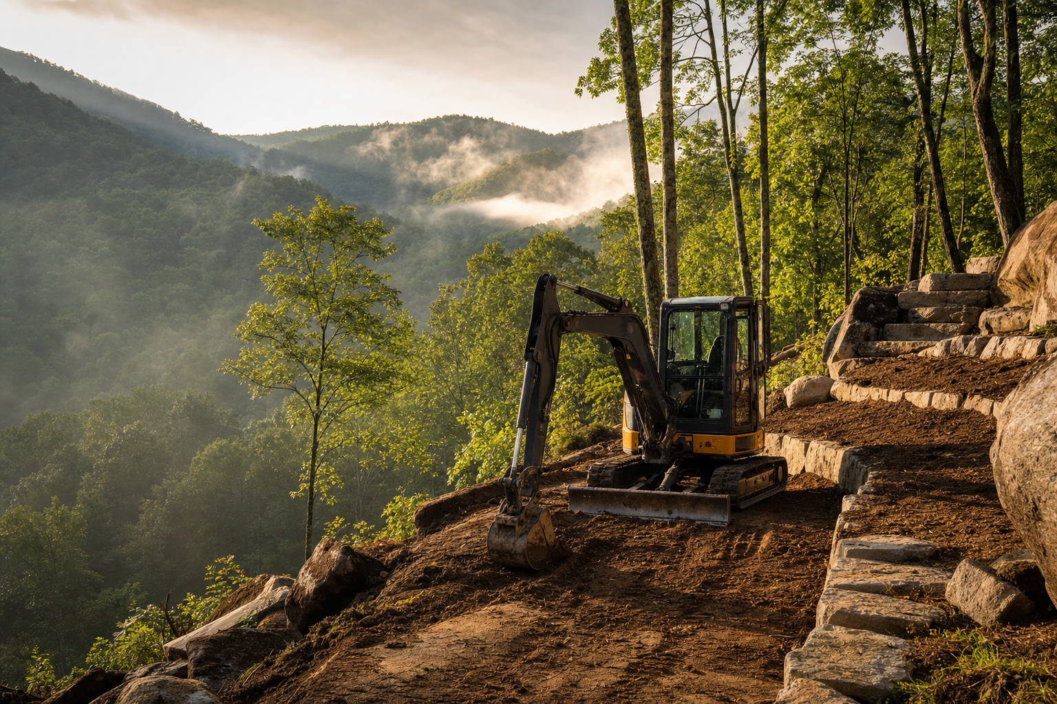 Compact excavator terracing a steep residential lot near Boone, North Carolina