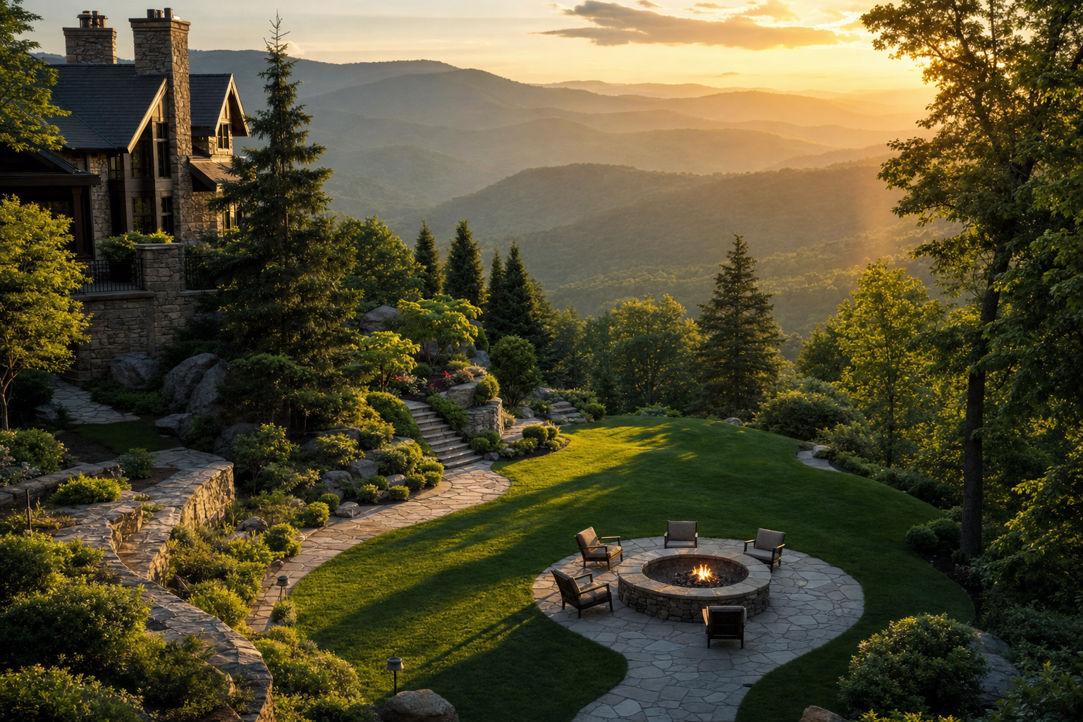 Luxury mountain estate with terraced stone landscaping overlooking the Blue Ridge at sunset in Blowing Rock